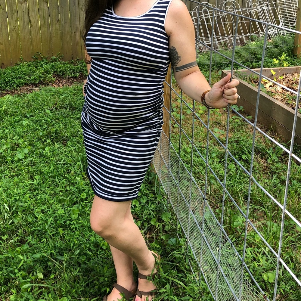 Navy & White Striped Side-ruched maternity dress